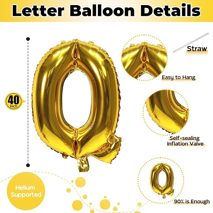 40 Inch Gold Alphabet Balloons, Large Mylar Self-Inflating Custom Letter Q Decor for Men Women Birthday Party Decorations Supplies