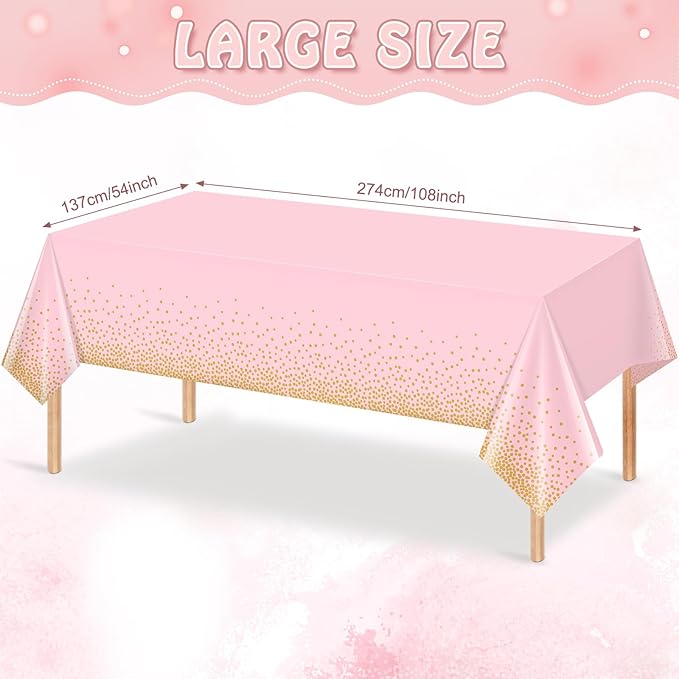 FunnyPars 4 Pack Pink and Gold Plastic Tablecloth for Parties, Pink Disposable Table Cloth for Rectangle Tables, Gold Dot Confetti Light Pink Tablecloth for Birthday Wedding Baby Shower Party, 54x108