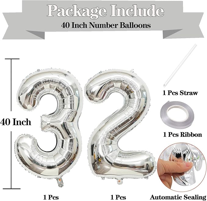 Giant Silver Number 32 Balloons, 40 Inch Jumbo Number 32, Large Foil Mylar Balloons for Girls Women 32th Birthday Party Decorations, 32 Anniversary Events Decorations
