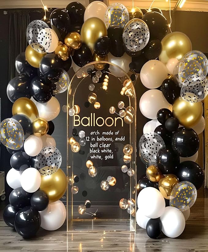 300 Pcs Black Gold Confetti Balloons Set Lncludes 12 inch Black White Gold and Confetti Balloons for Birthday Party Supplies Wedding Graduation Decorations