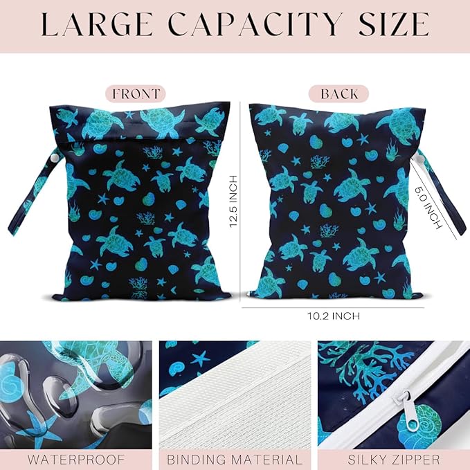 Waterproof Wet Bag for Swimsuit, Travel Beach Wet Dry Bag, Hidden Zipper Reusable Starfish Baby turtle Wet Bags, for Travel Beach Wet Swimsuits Toiletries Diapers Dirty Gym Clothes Laundry Bag