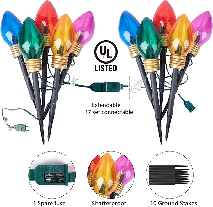 2 Pack Christmas Lights Jumbo C9 Outdoor Lawn Decorations with Pathway Marker Stakes, Total 21Ft 10 LED C7 Lights Covered Jumbo Glitter Multicolor Bulb for Holiday Outside Yard Garden Decor