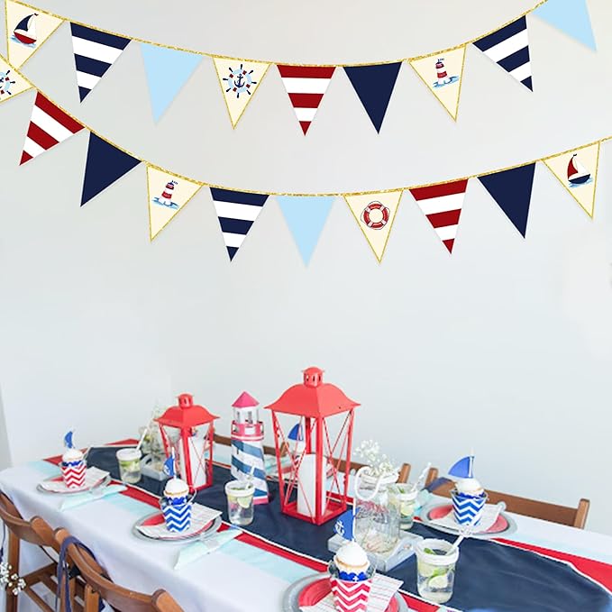 Navy Red Beige Gold Glitter Stamping Paper Pennant Banner Flag Triangle Bunting for Nautical Pirate Ahoy Achor Theme Birthday Baby Shower Wedding Let's Get Nauti Bachelorette Party Decoration Supplies