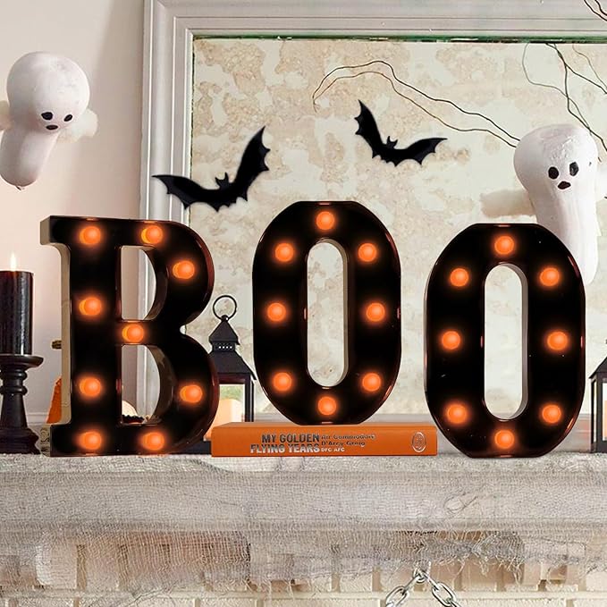 Halloween Decorations Indoor-Boo 3 Led Marquee Light up Letters Halloween Decor Boo Signs Light for Home Fireplace Room Desk Mantel Wall Table Bedroom Kitchen Vintage Gothic Party Supplies Ornaments