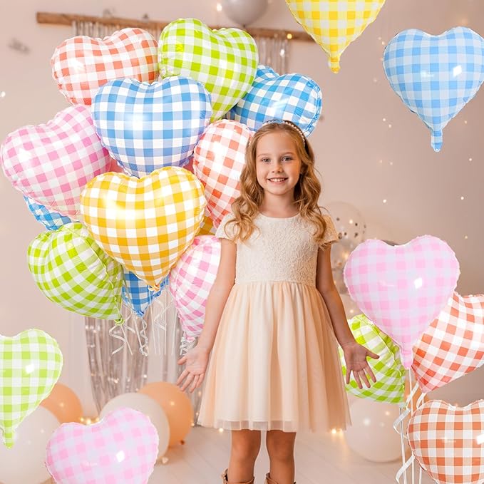 Pastel Grid Heart Balloons, 10 Pcs Rainbow Checkered Heart Shape Balloon, 18 Inch Pink Yellow Blue Red Green Lattice Foil Balloons Helium for Kids Birthday Valentines Baby Shower Party Decorations