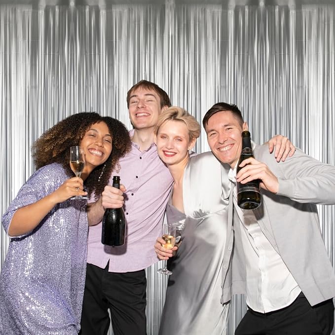 GOER 3.2 ft x 8.2 ft Metallic Tinsel Foil Fringe Curtains Party Photo Backdrop Party Streamers for Birthday,Graduation,New Year Eve Decorations Wedding Decor (3 Pcs,Matte Silver,Thick Material)