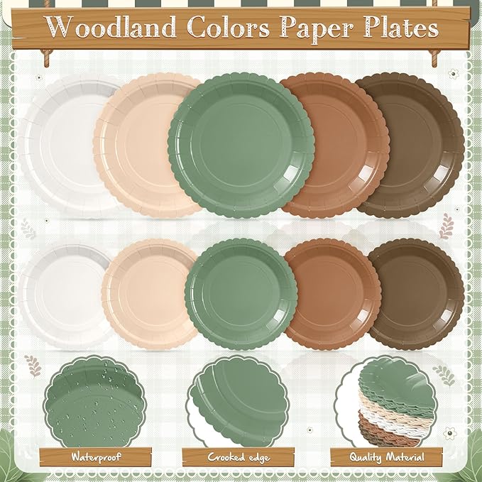 Zhehao 350 Pcs Woodland Party Supplies Set Green and Brown Disposable Tableware Kit with Plates, Cups, Napkins, Cutlery in Natural Earth Tones for Baby Shower, Birthday, Wedding Forest Events