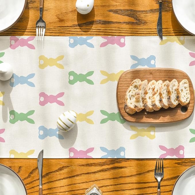 Artoid Mode Green Pink Bunny Rabbit Easter Table Runner, Spring Kitchen Dining Table Decoration for Home Party Decor 13x120 Inch