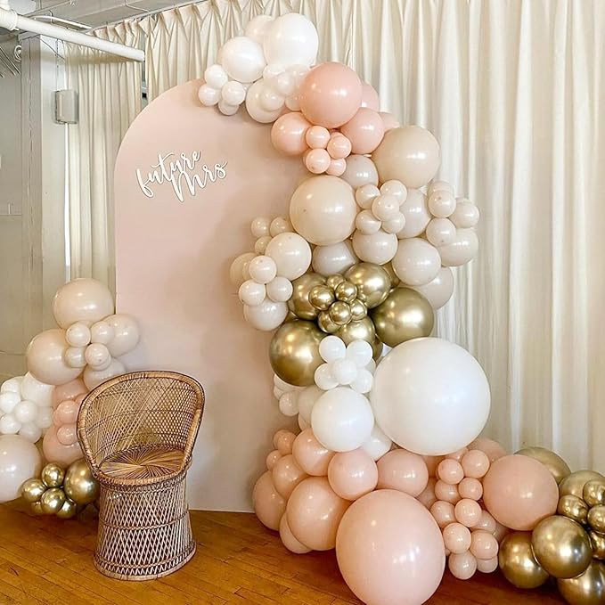 White Sand Gold Balloons Set, 12 Inch Double Stuffed Blush Beige Boho Party Balloons with Metallic Chrome Gold Neutral Cream Nude Latex Balloon for Birthday Baby Bridal Shower Wedding Party Decoration