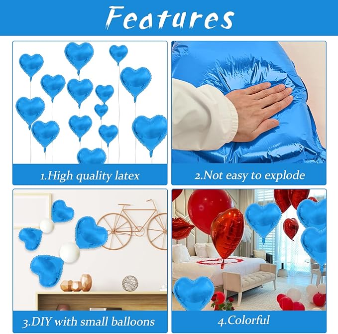 Blue Foil Heart Balloons, 10PCS 18inch Love Shape for Helium Birthday Party Decorations, Boys Men, Baby Shower, Valentines, Wedding, Anniversary