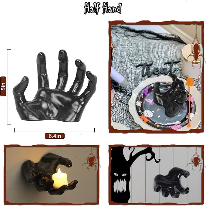 Halloween Decorations, 3 Pack Wall Mounted Creepy Reaching Hands with LED Candles, Life-Sized Horror Wall Hands for Gothic Wall Decor Outdoor/Indoor (Style 2)