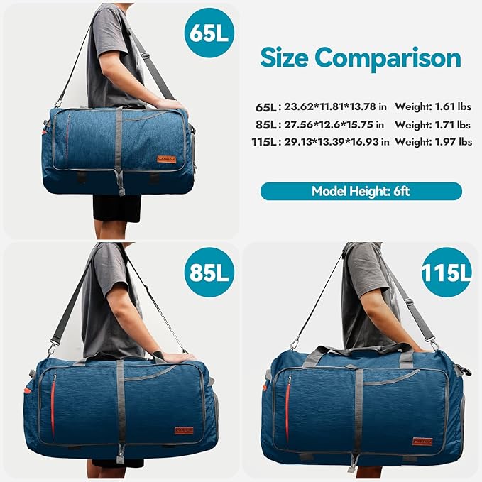 Canway 65L Travel Duffel Bag, Foldable Weekender Bag with Shoes Compartment for Men Women Water-proof & Tear Resistant (Aegean Blue, 65L)