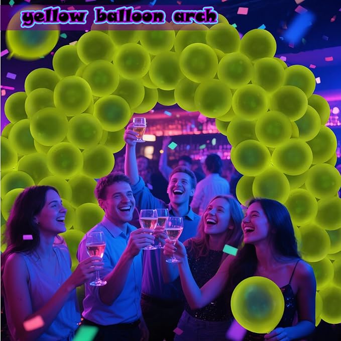 100 Pcs UV Neon Yellow Balloons 12 inch Neon Party Supplies, Balloons, Glow in the Dark for Birthday, Graduation, Baby Shower,Wedding, Anniversary Valentines Party Decorations