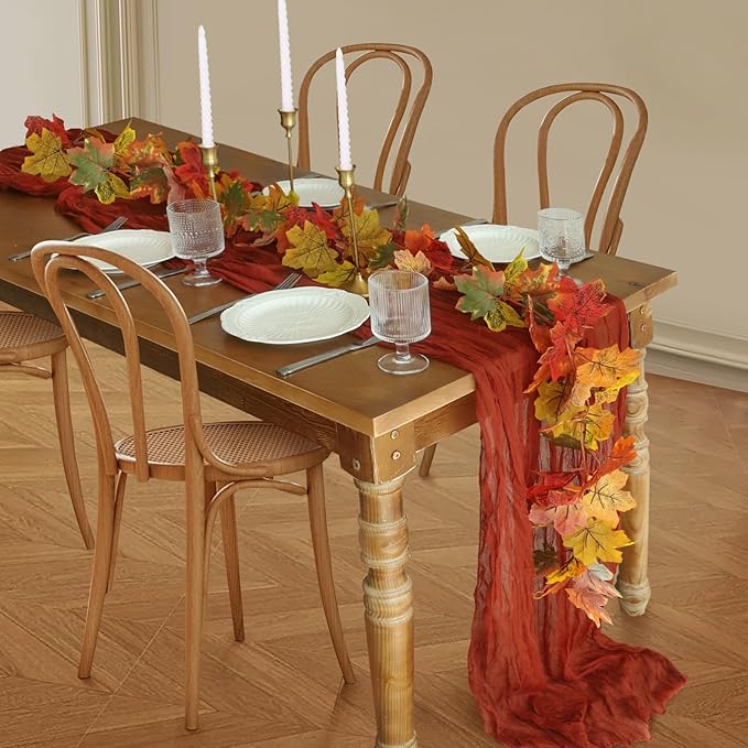 Fall Table Runner, 10FT Thanksgiving Cheesecloth Table Runner 35*120inch Terracotta Table Runners for Fall Wedding Baby Shower Friendsgiving Thanksgivig Home Kitchen Table Decorations