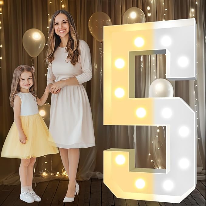 Pooqla 4 FT Light Up Marquee Numbers, LED Large Lighted Marquee Numbers, Giant Mosaic Light Up Number for Balloons 5th 15th 50th Birthday Party Decoration, Cool White and Warm White LED 5