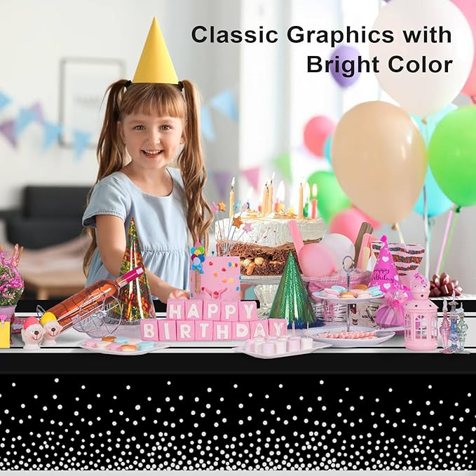 12 Pack Black and Silver Tablecloth Party Decorations Plastic Black Tablecloth Printed Silver Table Runner 54 x108 Inch Disposable Rectangle Table Cover for Birthday Wedding Graduation