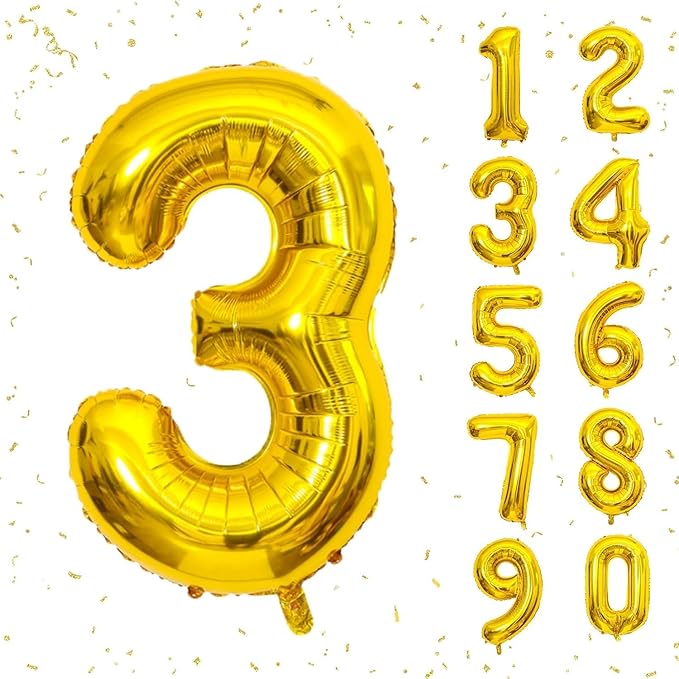 32 In Gold Large Numbers Balloons 0-9, Self Inflating Number 3 Balloons for Boys Girls, Big Gold Digit 3 Balloons for Women Men Birthday Party Anniversary Wedding Supplies Decorations