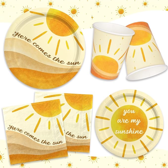 Boho Sun-Theme Birthday Party Supply Set; Complete Baby Shower Decorations with Sunshine Disposable Paper Plates, Cups, Tablecloth, Banner and Napkins for 25; Boho Baby Shower Party Decorations.