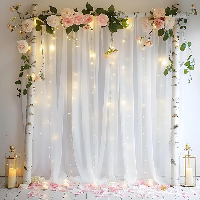White Backdrop Curtain with Lights String for Birthday Decorations 10×10FT Tulle Backdrop Curtain for Parites Wedding Bridal Shower Baby Shower Bridal Shower (2 Panels 5×10ft)