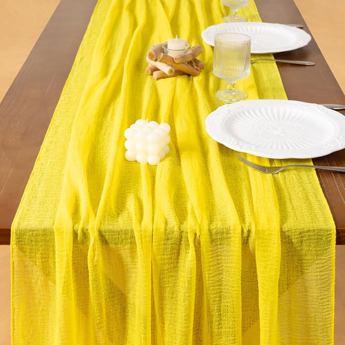 Socomi 6pcs Yellow Cheesecloth Table Runner Easter Spring Gauze 120 Inch Rustic Boho Cheese Cloth Runner for Wedding Party Baby Bridal Shower Centerpiece Decoration Holiday Home Decorations