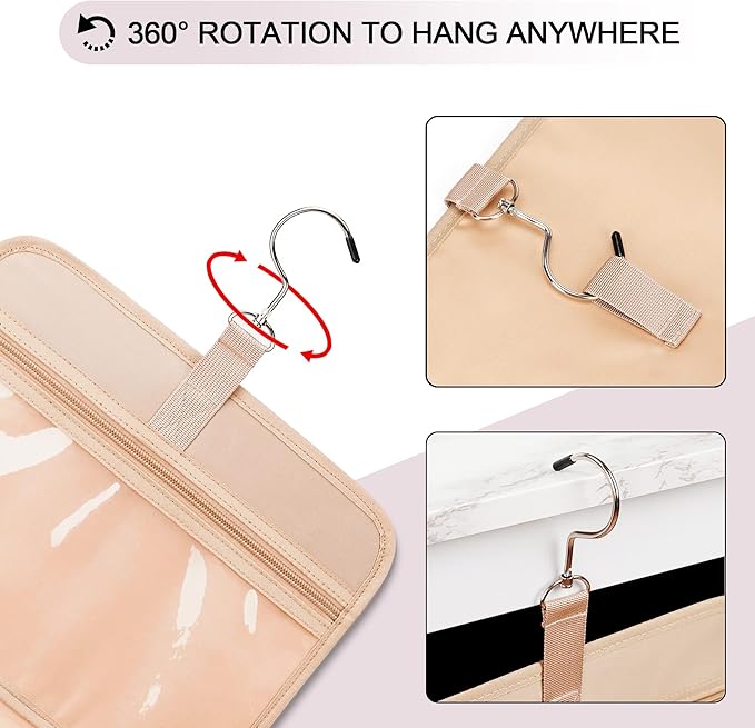 Travel Hanging Toiletry Bag for Women and Men, with 8 Leak Proofing Silicone Bottle Covers, Waterproof Makeup Accessories, Cosmetic Essentials, Cruise Ship Toiletries Bag with Jewelry Organizer, Pink