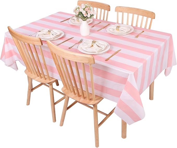 Kesfey 5 Pack Pink and White Vertical Striped Tablecloth - 54 x 108 Inch Waterproof Pink Striped Picnic Table Cover for Birthday Party
