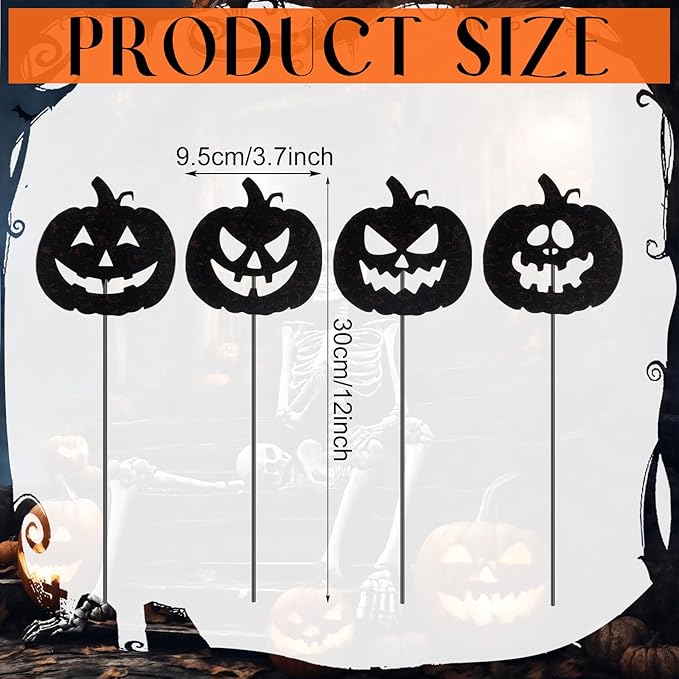 Chunful 4 Pcs Halloween Decorative Garden Stakes Jack O Pumpkin Garden Stakes for Flower Planter Pot Outdoor Metal Yard Sign Day of The Dead Decorations Halloween Patio Lawn Decor