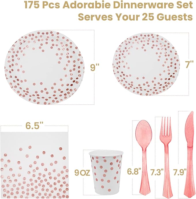 AIRE 175PCS White and Rose Gold Paper Plates Party Supplies for 25 Guests Party Decorations Dinnerware Rose Golden Dot Paper Plates Napkins Cups Gold Plastic Forks Knives Spoons for Wedding Birthday