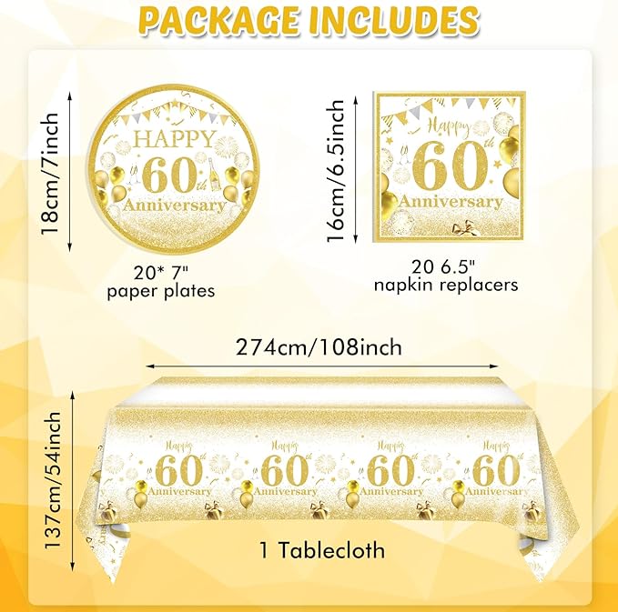 41 PCS Gold Birthday Decorations 60th Party Tableware 1964 60th Theme Birthday Party Table Decoration Supplies Cheers to 60 Years Paper Plate Napkin Tablecloth for Men Women 60th Birthday Anniversary
