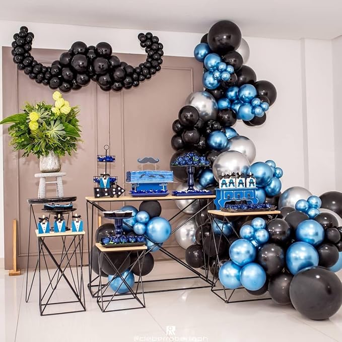 Metallic Blue and Black Balloons Arch Garland Kit, 118PCS Baby Light Blue Metallic Silver Latex Balloon for Birthday Bride Baby Shower Gender Reveal Graduation Wedding Party Decorations Supplies