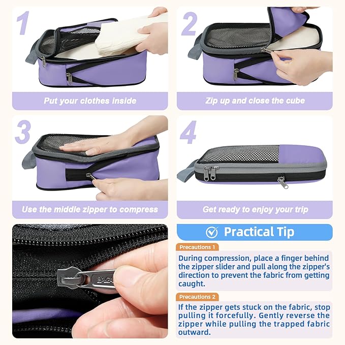 BAGAIL 4 Set/6 Set/8 Set Compression Packing Cubes Travel Accessories Expandable Packing Organizers (Half Mesh, 6-Lavender)