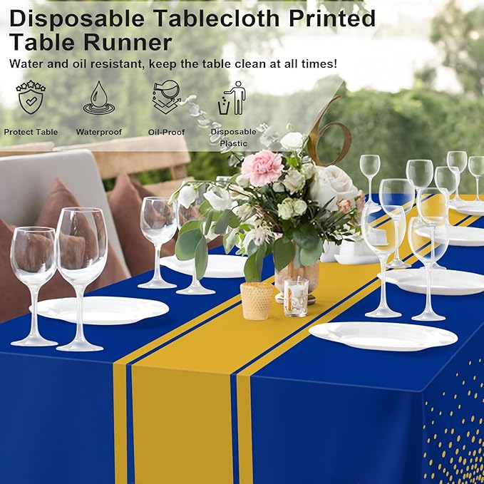 12 Pack Blue and Gold Tablecloth Party Decorations Plastic Blue Tablecloth Printed Gold Table Runner 54 x108 Inch Disposable Rectangle Table Cover for Birthday Wedding Graduation Anniversary