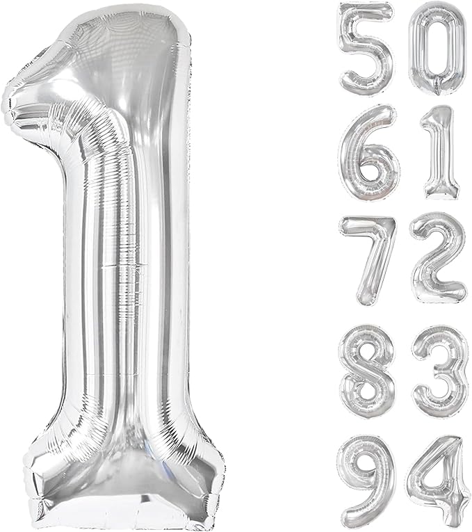 40 Inch Silver 1 Balloon for First Birthday, 1st Number Balloons Birthday Decorations for Girl Boy Kids Toddler Baby, One Giant Number 1 Balloon