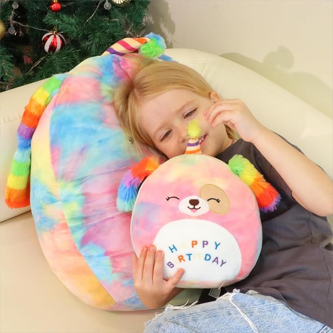 Easfan 8’’ Rainbow Birthday Dog Plush Pillow Soft Puppy Plush Toy Cute Dog Stuffed Animal Birthday Gifts for Kids Toddlers