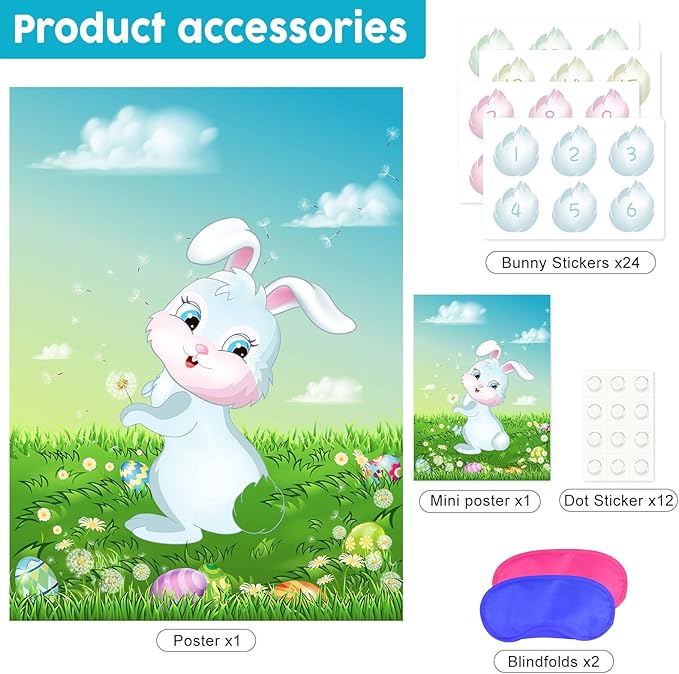 NEBURORA Pin The Tail on The Bunny with 24Pcs Bunny Tails, Happy Easter Party Game for Kids Party Decoration Supplies