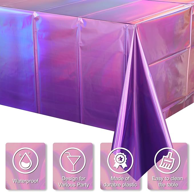 1 Pack Ombre Iridescent Pink and Purple Plastic Tablecloths, Shiny Disposable Laser Rectangle Table Covers Holographic Foil Tablecloth Iridescent Kpop Birthday Bridal Party Decoration, 54x108 Inch