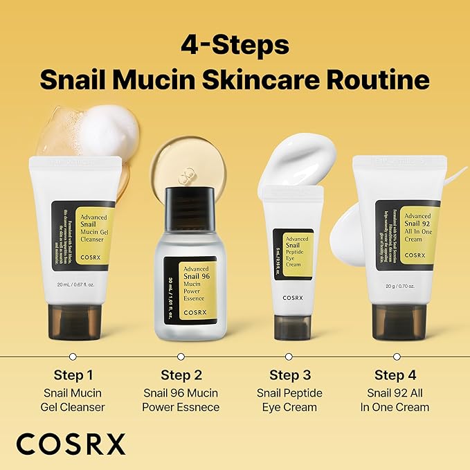 COSRX All About Snail Mucin Korean Skin Care Set, Mini Travel Essentials, Travel Size Gift Set with Snail Mucin Face Wash, Serum, Moisturizer & Eye Cream, Rejuvenating Kit