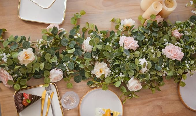 Anna's Whimsy 2PCS 5.91FT Artificial Eucalyptus Garland with Flowers, Fake Rose Gypsophila Garland, Faux Floral Garlands Greenery for Wedding Spring Home Party Table Runner Decor (Pink)