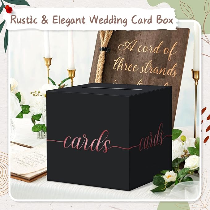 QIKSION Black Wedding Card Box, Rose Gold Foil Gift Card Box for Party, Wedding Reception, Graduation, Birthday, Baby Shower, Raffle