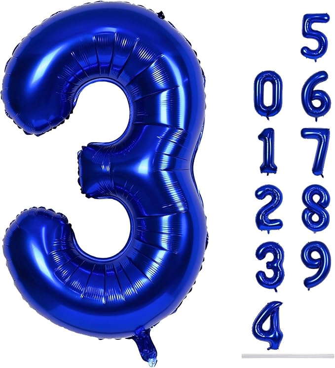 Navy Blue Number 3 Balloon, 40In Large Dark Blue Foil Number Balloons Set 0-9 for Women, Self Inflating Royal Blue Digital 3 Helium Balloon for Boys 3rd Birthday Party Decorations Supplies
