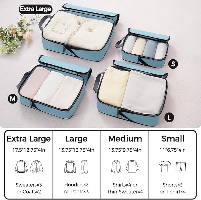 BAGAIL 4 Set/6 Set/8 Set Compression Packing Cubes Travel Accessories Expandable Packing Organizers (Cloth Pattern, 4-Dusty Blue)