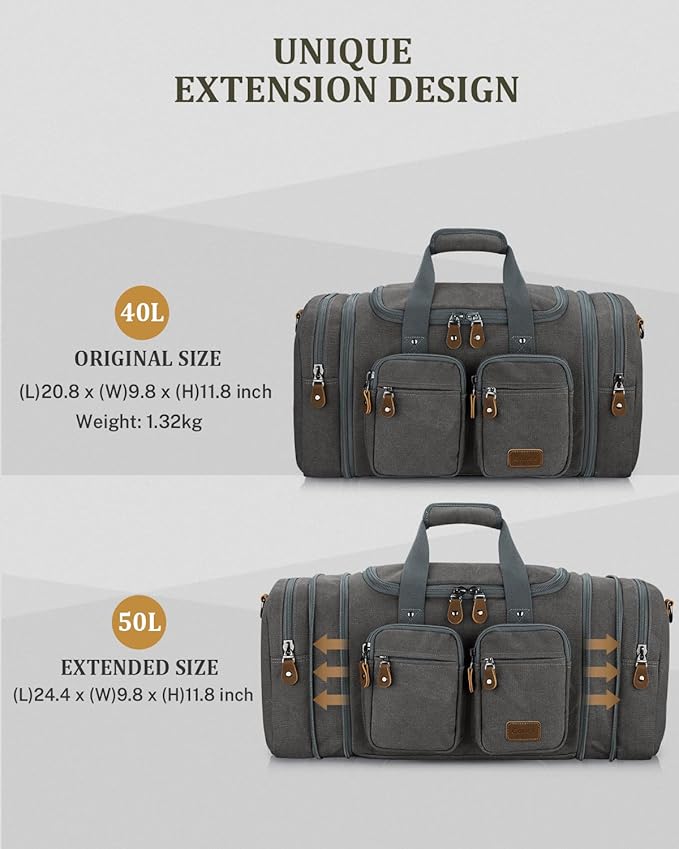 Gonex Canvas Duffle Bag for Travel, Expandable Water Resistant 50L Carry on Duffel Overnight Weekender Gym Bag with Wet Dry Separation Pocket & Suitcase Handle Sleeve, Grey