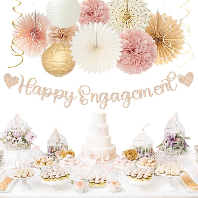 Champagne-Gold Fall Boho Happy-Engagement Party-Decorations - 21pcs Women She Said Yes Proposal Banner Streamers, Beige One Sweet Peach Paper Lanterns,Flower Tissue Pom Poms Fan Favors Decor Huglony