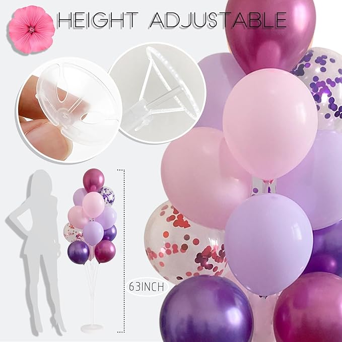 Balloon Column Stand Kit,Set of 2,Metallic&Confetti 12inch Pink Purple Balloons,Adjustable Balloon Sticks Holder with Base,Design for Adults&Children Birthday,Wedding, Baby Shower,Graduation Party