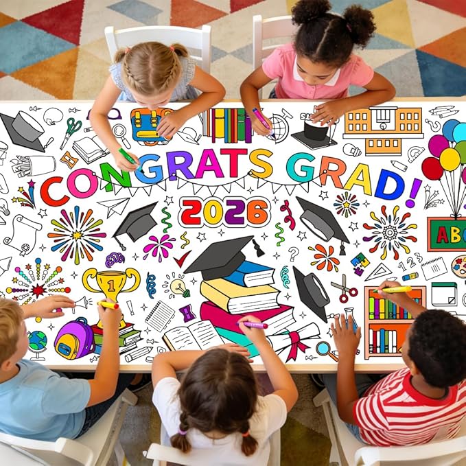 2 PCS Congrats Grad Coloring Tablecloth/Poster, Kindergarten Graduation Gifts, 72" X 30" Gaint Paper Coloring Tablecloth for Kids Crafts Activities, DIY Kindergarten Preschool Graduation Decorations