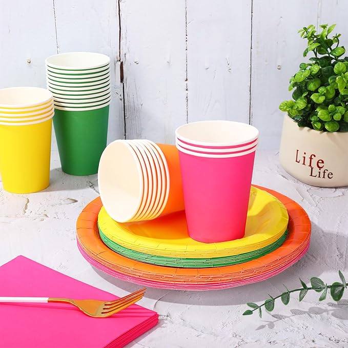 Whaline 244Pcs Neon Tableware Set Serves 48 Bright Color Disposable Dinnerware 48 9" Plates 48 7" Plate 48 9oz Cups 100 Napkins for Fiesta Neon Glow Party Supplies