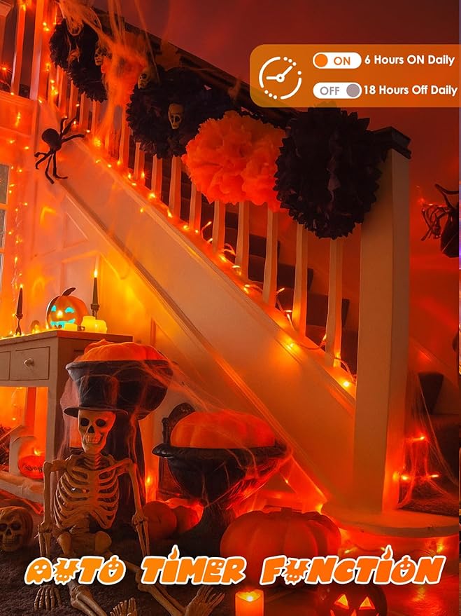 Halloween String Lights Battery Operated with Auto Timer, 33FT 100 LED Waterproof Orange String Lights with 8 Modes, Fairy Twinkle Light for Indoor & Outdoor Bedroom Fall Decor Halloween Decorations