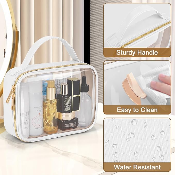 Wedama TSA Approved Toiletry Bag, 2 Pack Clear Makeup Bags with Handles, Quart Size PVC Clear Cosmetic Bags for Women and Men, Carry on Airport Airline Compliant Bag, White