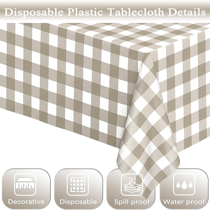 WNINK 4 Pack Brown Checkered Rectangular Plastic Tablecloths, Brown and White Gingham Waterproof Disposable Table Covers 54" x 108" for Birthday, Baby Shower, Wedding, Outdoor Picnic Parties