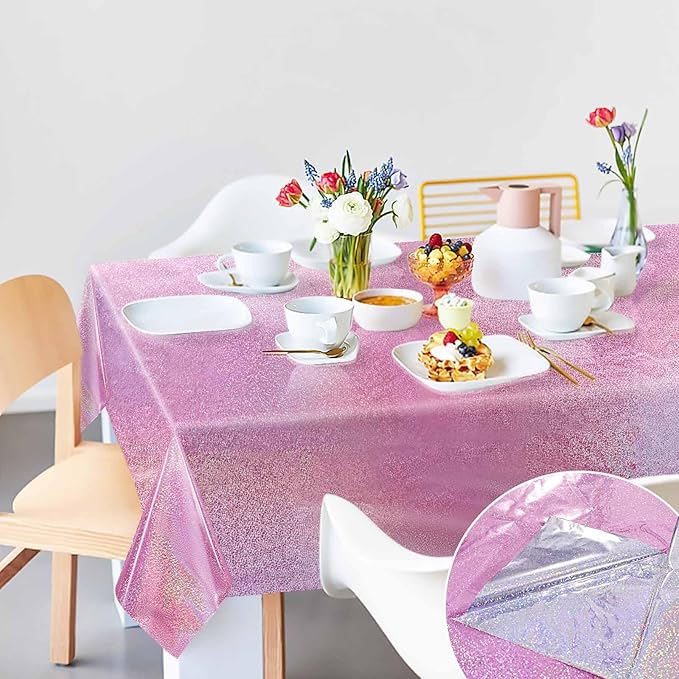 1 Pack Light Pink Iridescent Plastic Tablecloth Disposable 54 × 108 Inch Glitter Holographic Foil Table Cloth Plastic Laser Rectangle Table Cover for Birthday Wedding Disco Party